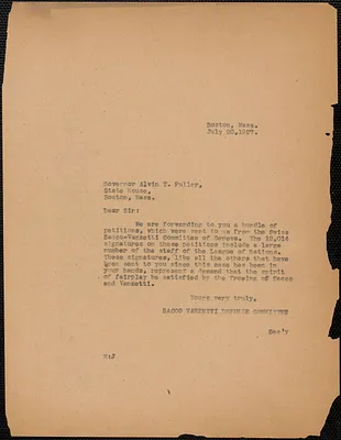 Sacco-Vanzetti Defense Committee typed note (copy) to Alvan T. Fuller, Boston, Mass., July 20, 1927