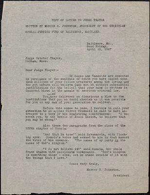 Mercer G. Johnston (Christian Social Justice Fund of Baltimore) typed letter (copy) to Webster Thayer, Baltimore. Md., April 15, 1927