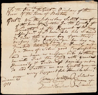 Thomas Brooks indentured to apprentice with James Willson, Jr. of Leicester, 21 January 1752