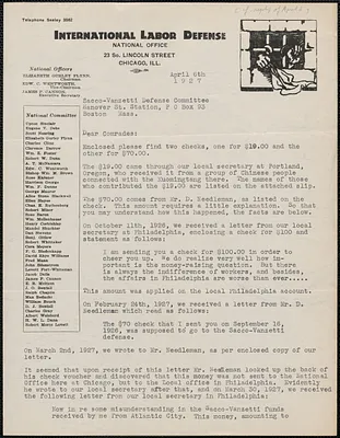 James P. Cannon (International Labor Defense) typed letter signed to Sacco-Vanzetti Defense Committee, Chicago, Ill., April 6,1927