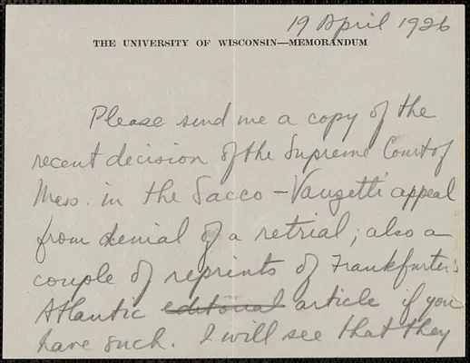 W. G. Rice Jr. S autograph letter signed to Sacco-Vanzetti Defense Committee, Madison, Wis., April 19, 1926