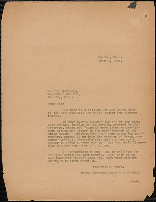 Sacco-Vanzetti Defense Committee typed letter (copy) to C. E. Eldridge, Boston, Mass., July 5, 1927