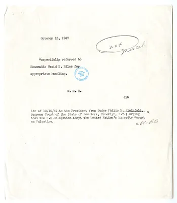 Referral Memorandum from William D. Hassett to David Niles with Attached Letter from Judge Philip M. Kleinfeld to President Harry S. Truman
