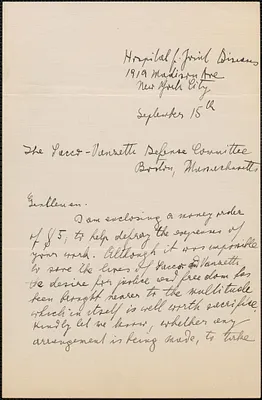 Anna Murchel autograph letter signed to Sacco-Vanzetti Defense Committee, New York, N. Y., September 15, 1927