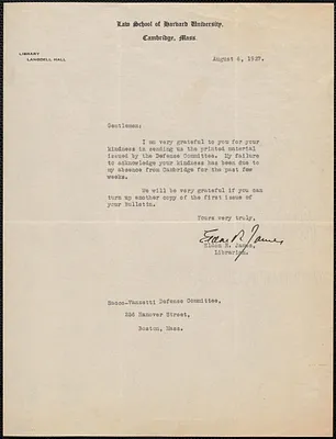 Eldon R. James typed note signed to Sacco-Vanzetti Defense Committee, Cambridge, Mass., August 6, 1927