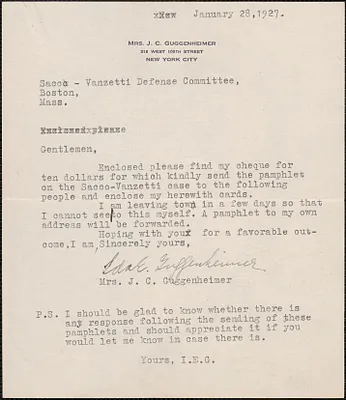 Ida E. Guggenheimer typed letter signed to Sacco-Vanzetti Defense Committee, New York, N.Y., January 28, 1927