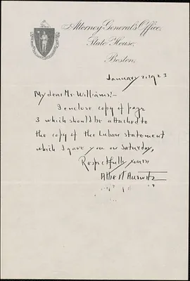 Letter from Albert Hurwitz, Massachusetts Assistant Attorney General to Harold P. Williams, District Attorney (Southeastern District)