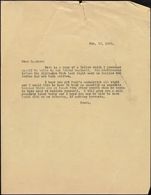 [Creighton J. Hill] typed letter (copy) to Gardner [Jackson, Boston Mass.], February 13, 1930