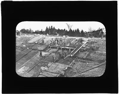 Distribution Department, Fisher Hill Reservoir, construction (lining), Brookline, Mass., ca. 1886