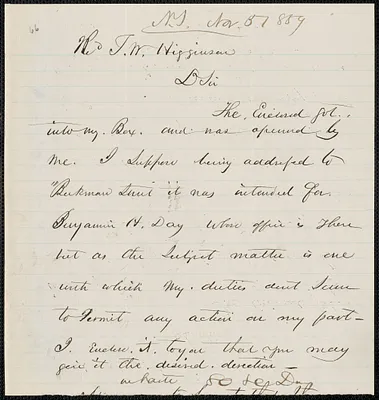 Horace H. Day autograph note signed to Thomas Wentworth Higginson, N.Y., 5 November 1859