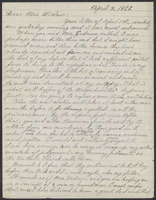 Sacco-Vanzetti Case Records, 1920-1928. Correspondence. Bartolomeo Vanzetti to Mrs. Gertrude L. Winslow, April 3, 1927. Box 40, Folder 111, Harvard Law School Library, Historical & Special Collections