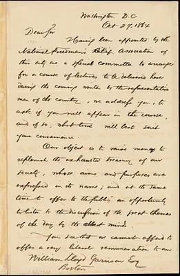 Letter from Stephen James Wilson Tabor, Rufus Leighton, and George E.H. Clery, Washington, [District of Columbia], to William Lloyd Garrison, 1864 Oct[ober] 27