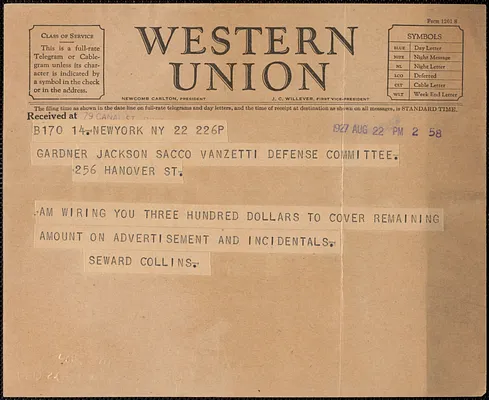 Seward Collins telegram to Gardner Jackson, New York, N.Y., August 22, 1927