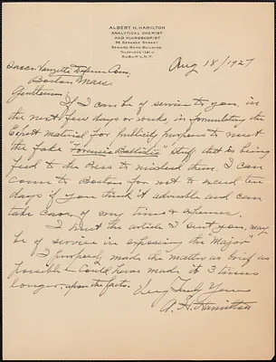 Albert H. Hamilton autograph letter signed to Sacco-Vanzetti Defense Committee, Auburn, N.Y., August 18, 1927