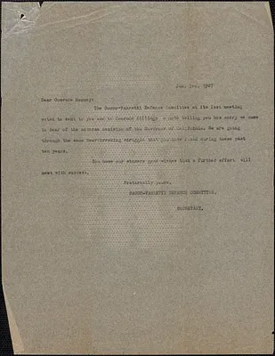 Sacco-Vanzetti Defense Committee typed letter (copy) to Comrade [Thomas] Mooney, Boston, Mass., January 3, 1927