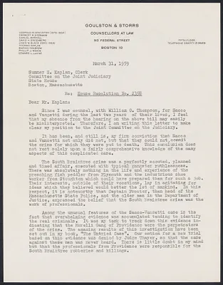 Herbert Brutus Ehrmann Papers, 1906-1970. Sacco-Vanzetti. Massachusetts. Legislature: House 2358, 1959. Box 13, Folder 7, Harvard Law School Library, Historical & Special Collections
