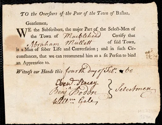 William Gaskin indentured to apprentice with Abraham Mullett of Marblehead, 6 February 1760