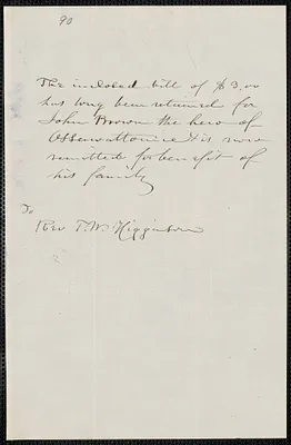 Anonymous autograph note to Thomas Wentworth Higginson, [Northampton., approximately November 1859]
