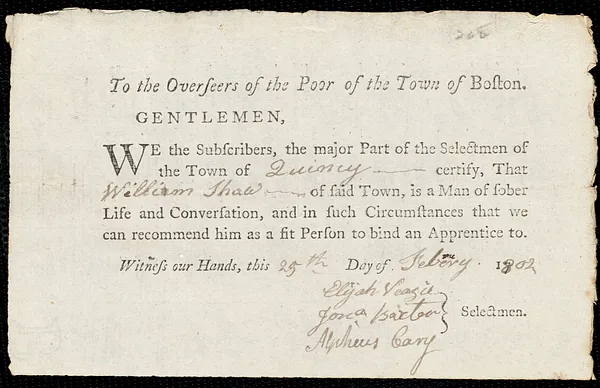 Joseph Burdekin indentured to apprentice with William Shaw of Quincy, 6 February 1802
