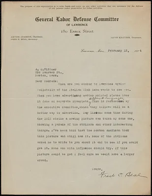 Fred E. Beal (General Labor Defense Committee of Lawrence) typed letter signed to A. G. Wittner, Lawrence, Mass., February 13, 1924