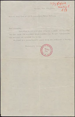 Exekutivkomitee der Internationalen Roten Hilfe typed note to International Labor Defense, Berlin, Germany, June 27, 1927