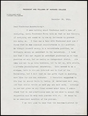 Lowell, A. Lawrence (Abbott Lawrence), 1856-1943 typed letter signed to Hugo Münsterberg, Cambridge, Mass., 19 December 1910