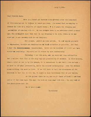 Bartolomeo Vanzetti typed letter (copy) to Mary Donovan, [Charlestown], 8 July 1926