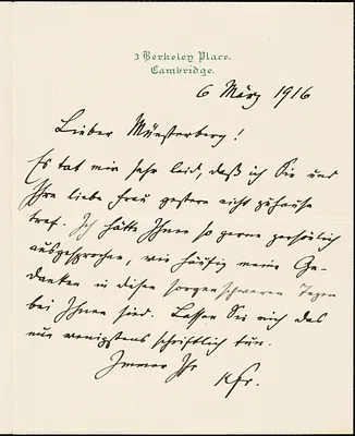 Francke, Kuno, 1855-1930 autograph letter signed to Hugo Münsterberg, Cambridge, Mass., 6 March 1916