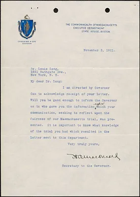 Herman A. MacDonald (Executive Department. Commonwealth of Massachusetts) typed letter signed to Louis Long, Boston, Mass., November 3, 1921