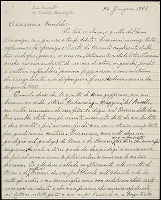Bartolomeo Vanzetti autographed letter signed to Osvaldo Maraviglia, Dedham, 24 June 1927