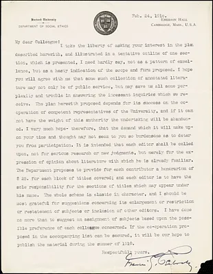 Peabody, Francis Greenwood, 1847-1936 typed letter signed to Hugo Münsterberg, Cambridge, Mass., 24 February 1910