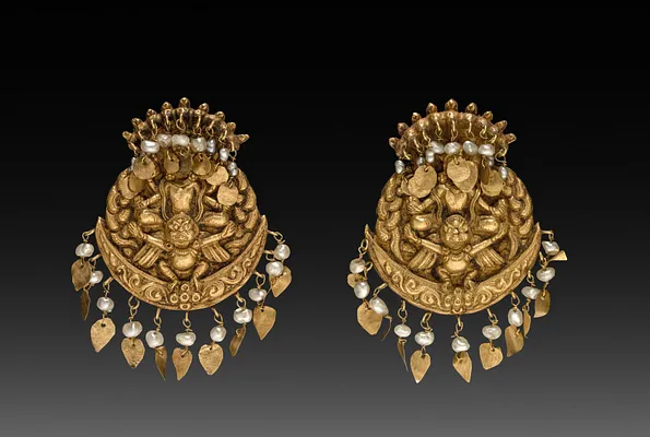 Pair of Earrings with Four-Armed Vishnu Riding Garuda with Nagas (serpent divinities)