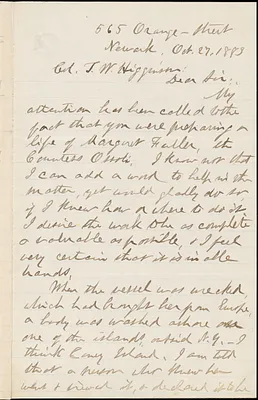 Alexander Wilder autograph letter signed to Thomas Wentworth Higginson, Newark, N. J., 27 October 1883