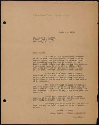 Amleto Fabbri (Sacco-Vanzetti Defense Committee) typed letter (copy) to Roger N. Baldwin, Boston, Mass., September 11, 1925