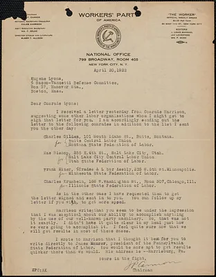 James P. Cannon (Workers Party of America) typed letter signed to Eugene Lyons, New York, N. Y., April 20, 1922
