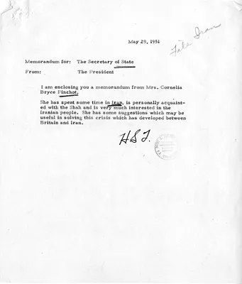 Memorandum from President Harry S. Truman to Secretary of State Dean Acheson, with Related Material from Cornelia Bryce Pinchot