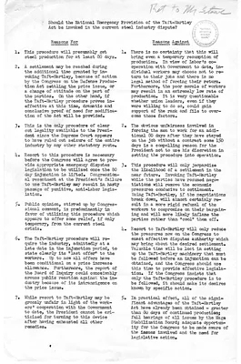 Memorandum, Should the National Emergency Provision of the Taft-Hartley Act Be Invoked in the Current Steel Industry Dispute?