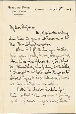 Alsberg, Carl, 1877-1940 autograph letter signed to Hugo Münsterberg, Frankfurt A.M., 26 March 1903