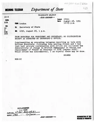 Telegram from Julius Holmes to Secretary of State Dean Acheson, Number 1090