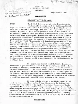 Memorandum, State Department Summary of Telegrams