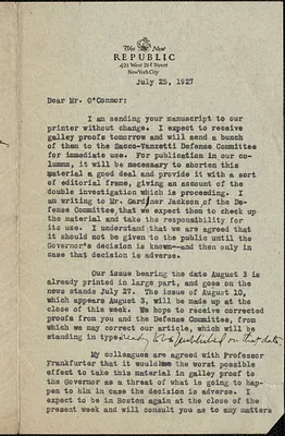 Robert Morss Lovett (The New Republic) typed letter signed to [Thomas] O'Connor (Citizens National Committee for Sacco and Vanzetti), New York, N. Y., July 25, 1927