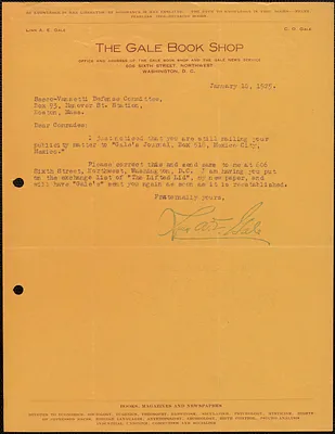 Linn A. E. Gale typed letter signed to Sacco-Vanzetti Defense Committee, Washington, D.C., January 10, 1925