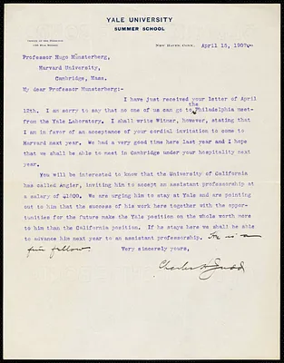 Judd, Charles Hubbard, 1873-1946 typed letter signed to Hugo Münsterberg, New Haven, Conn., 15 April 1907