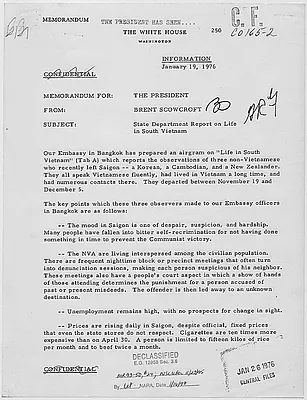 Memorandum from National Security Adviser Brent Scowcroft to President Gerald R. Ford concerning a State Department report on life in South Vietnam