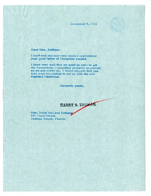 Letter from President Harry S. Truman to Mary McLeod Bethune