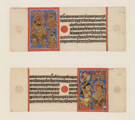 Two folios from the ""Kalpasutra"" illustrating King Siddhartha at Court and the Renunciation of Mahavira