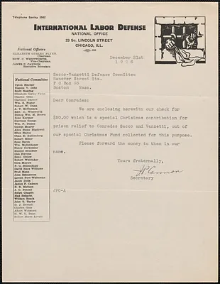 James P. Cannon (International Labor Defense) typed note signed to Sacco-Vanzetti Defense Committee, Chicago, Ill., December 21, 1926