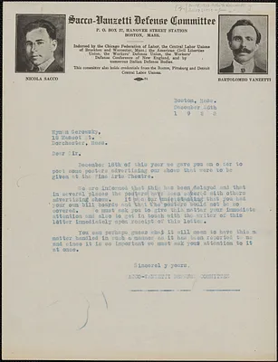 Sacco-Vanzetti Defense Committee typed letter (copy) to Hyman Gerowsky, Boston, Mass., December 26, 1923