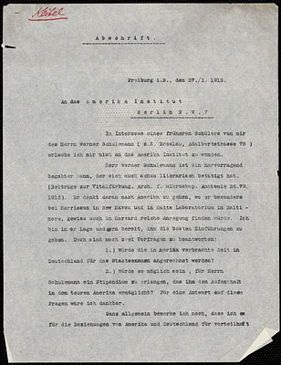 Keibel, Franz, 1861-1929 typed letter (copy) to the American Institute, Freiburg i.B., 27 January 1912