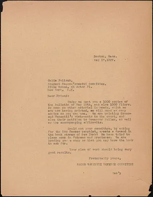 Sacco-Vanzetti Defense Committee typed letter (copy) to Cecelia Polisuk (Student Sacco-Vanzetti Committee), Boston, Mass., May 17, 1927